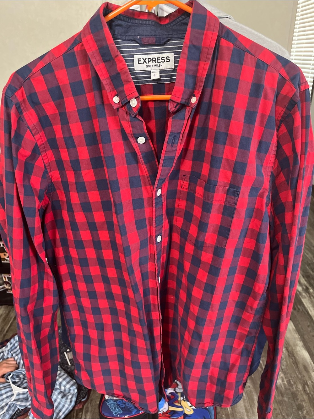 Express Red and Navy Check Button-Down Shirt